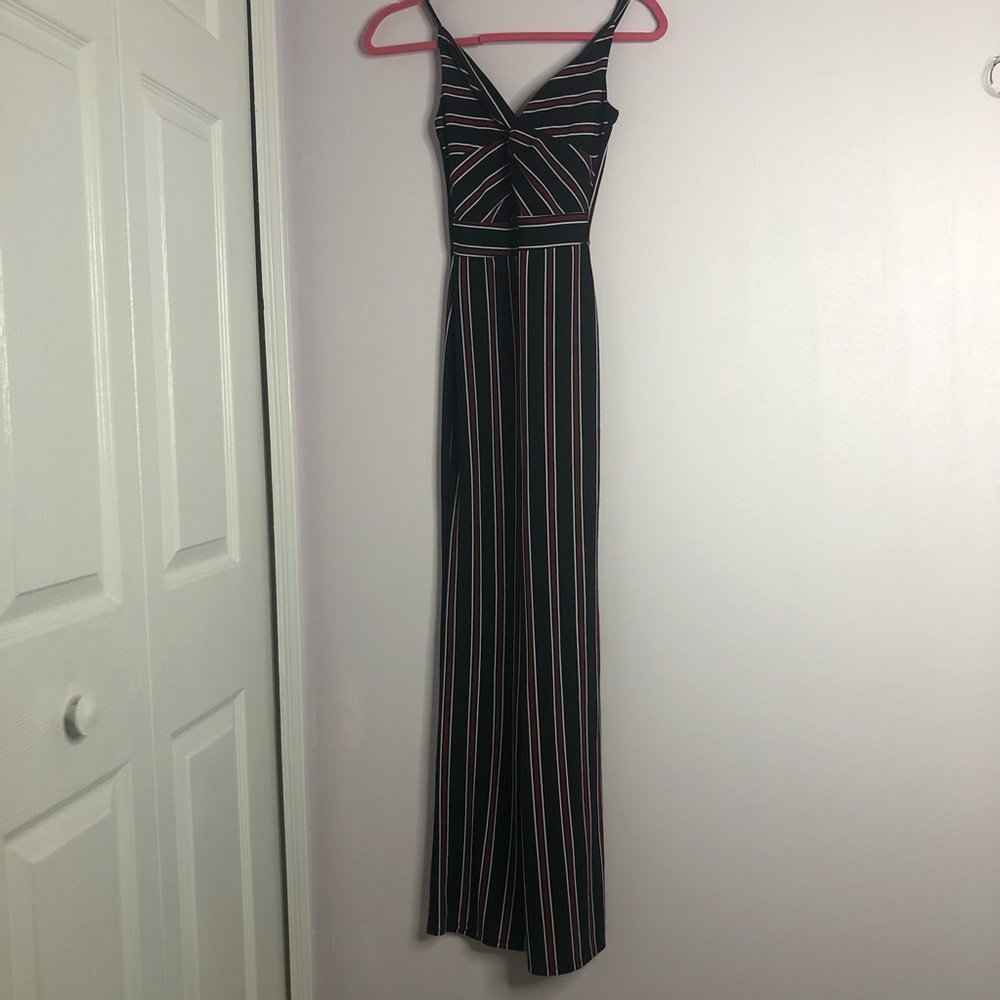 Striped red, white, and black jumpsuit